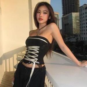 Lace-Up Ruffled Shirred Tube Top Black 258805619