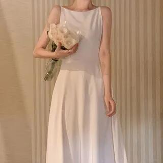 Spaghetti Strap Crew Neck Plain Maxi A-Line Dress Almond by Coris