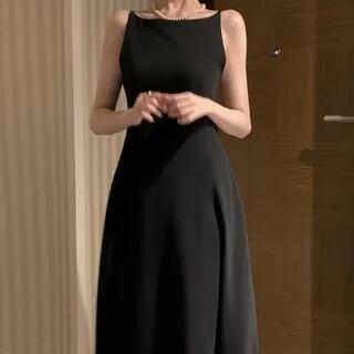 Spaghetti Strap Crew Neck Plain Maxi A-Line Dress Black by Coris