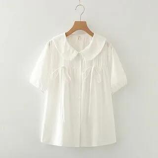 Short-Sleeve Plain Babydoll Blouse White by PANDAGO