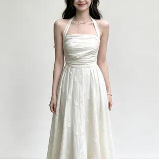 Halter Embroidered Creased Maxi A-line Dress / Puff Sleeve Short Sleeve Creased Maxi A-line Dress (Various Designs) Beige Almond - Short Sleeve Version by JIYON