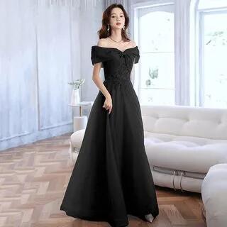Short-Sleeve Off Shoulder Sequin Beaded Mesh A-Line Evening Gown / Midi Cocktail Dress A-Line Evening Gown - Black by MSSBridal