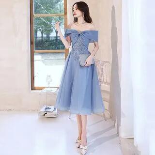 Short-Sleeve Off Shoulder Sequin Beaded Mesh A-Line Evening Gown / Midi Cocktail Dress Midi Cocktail Dress - Blue by MSSBridal