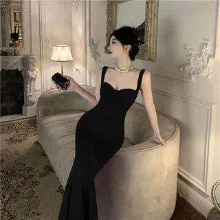 Spaghetti Strap Plain Maxi Mermaid Dress Black by Magma