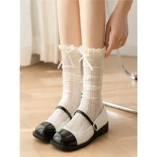 Bow Lace Flower Trim Socks Milky White by Gentiana