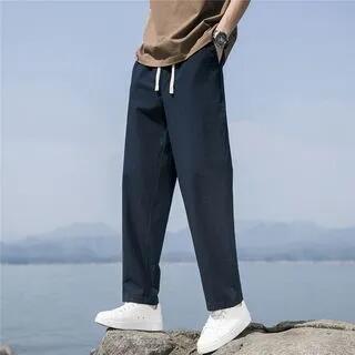 Drawstring Waist Plain Straight Leg Pants Navy Blue by FORSETI