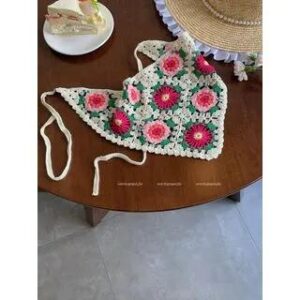 Crochet Knit Headscarf Pink Flower - Off-White 258806456