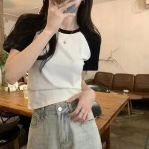 Short-Sleeve Round Neck Raglan T-Shirt Black & White 258806584