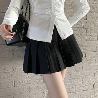 Long-Sleeve Plain Ruched Button-Up Slim Fit Shirt / High Rise Pleated Mini A-Line Skirt Skirt - Black by Shinsei