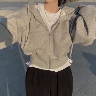 Plain Zip-Up Crop Hoodie Gray by Dovitade