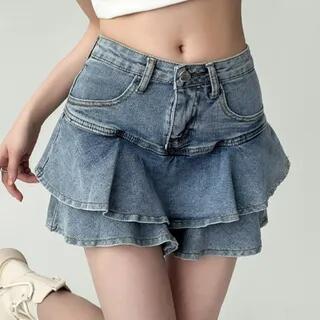 High Waist Ruffled Layered Mini Denim Skirt Blue by Rosesand