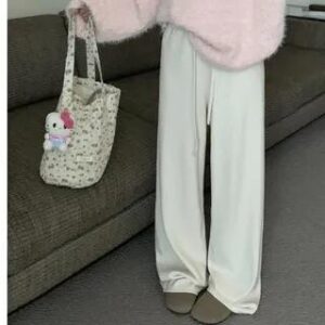 Scoop Neck Plain Sweater / Drawstring Waist Wide Leg Pants Pants - Almond 258807087