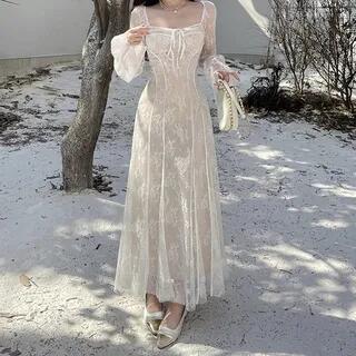 Long-Sleeve Square Neck Lace Midi A-Line Corset Dress White by Rosesand