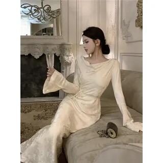 Long-Sleeve V-Neck Maxi Sheath Dress Beige by Strawolf