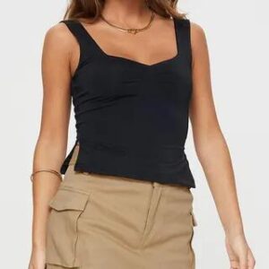 Square Neck Plain Ruched Slit Tank Top Black 258807305