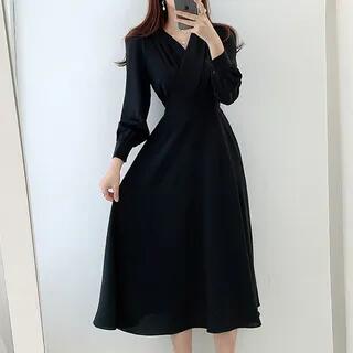 Long-Sleeve V-Neck Plain Midi A-Line Dress Black by Coris