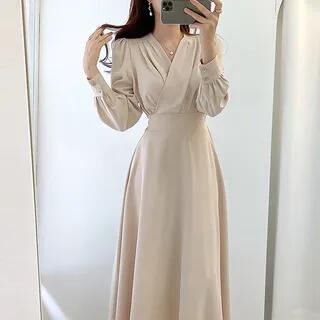 Long-Sleeve V-Neck Plain Midi A-Line Dress Almond by Coris