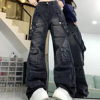 High Waist Washed Cargo Wide Leg Jeans Black by 2DAWGS