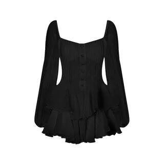 Puff-Sleeve Sweetheart-Neckline Plain Mini A-Line Layered Dress Padded - Black by ANORA