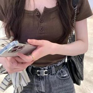 Short Sleeve Half-Button Plain Slim-Fit Crop Top Coffee 258807824