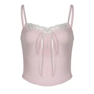 V-Neck Contrast Lace Trim Ribbed Tie Front Crop Camisole Top Pink by Amyway