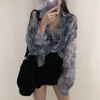Long-Sleeve Tie-Dye Button-Up Sheer Shirt Shirt - Tie-Dye - Gray by Mikiko
