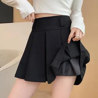 High Waist Plain Pleated Mini A-Line Skirt Black by OGAWA