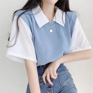 Mock Two-Piece Short-Sleeve Contrast Collar Two-Tone Ribbed T-Shirt Blue by INEN