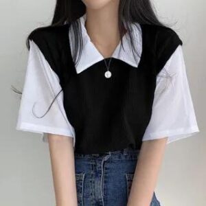 Mock Two-Piece Short-Sleeve Contrast Collar Two-Tone Ribbed T-Shirt Black 258807895