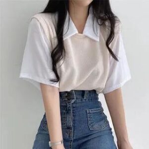 Mock Two-Piece Short-Sleeve Contrast Collar Two-Tone Ribbed T-Shirt Almond 258807898