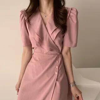 Puff-Sleeve V-Neck Plain Ruffled Midi A-Line Dress Pink by Coris