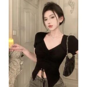 Short-Sleeve V-Neck Plain Drawstring Ruched Slit Slim Fit Crop T-Shirt Black 258808044