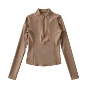 Long-Sleeve Mock Neck Plain Half Zip Panel Top Khaki 258808047