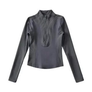 Long-Sleeve Mock Neck Plain Half Zip Panel Top Dark Gray 258808049