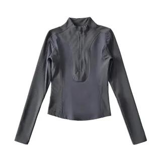 Long-Sleeve Mock Neck Plain Half Zip Panel Top Dark Gray by Asiris