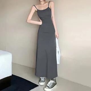 Spaghetti Strap Plain Maxi A-Line Dress Dark Gray by Bolgivy