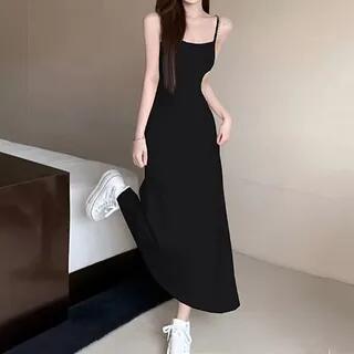 Spaghetti Strap Plain Maxi A-Line Dress Black by Bolgivy