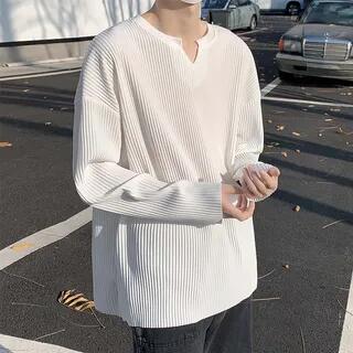 Long-Sleeve Notch Neck Plain Ribbed T-Shirt White by Whyessa