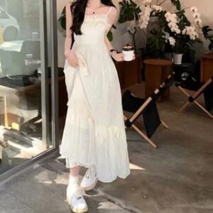 Spaghetti Strap Plain Frill Trim Midi A-Line Sundress Off-White 258808375