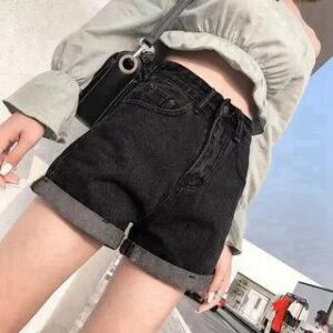 Mid Waist Roll Up Hem Denim Shorts Dark Gray 258811577