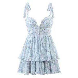 Tie-Shoulder Plain Shirred Mini A-Line Layered Dress Blue & White 258811857