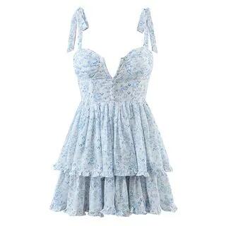 Tie-Shoulder Plain Shirred Mini A-Line Layered Dress Blue & White by Allinya