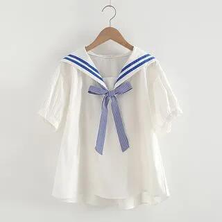 Short-Sleeve Sailor Collar Striped Bow Blouse Striped Bow - Plain - White by Fabricino