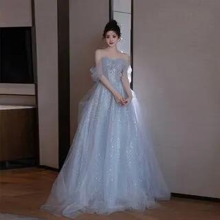 Cold Shoulder Glitter Midi A-Line Evening Gown Light Blue by MSSBridal