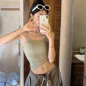 Halter Plain Open Back Padded Crop Cami Top Matcha Green 258812489