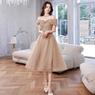 Short-Sleeve Off Shoulder Sequin Beaded Mesh A-Line Evening Gown / Midi Cocktail Dress Midi Evening Gown - Champagne by MSSBridal
