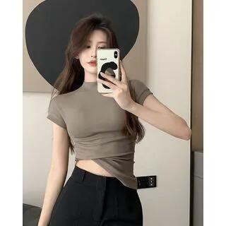 Short-Sleeve Mock Neck Plain T-Shirt Light Coffee by Shinsei