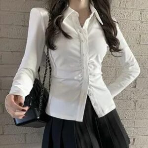 Long-Sleeve Plain Ruched Button-Up Slim Fit Shirt / High Rise Pleated Mini A-Line Skirt Shirt - Milky White 258812982
