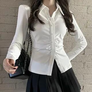 Long-Sleeve Plain Ruched Button-Up Slim Fit Shirt / High Rise Pleated Mini A-Line Skirt Shirt - Milky White by Shinsei
