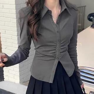 Long-Sleeve Plain Ruched Button-Up Slim Fit Shirt / High Rise Pleated Mini A-Line Skirt Shirt - Dark Gray by Shinsei